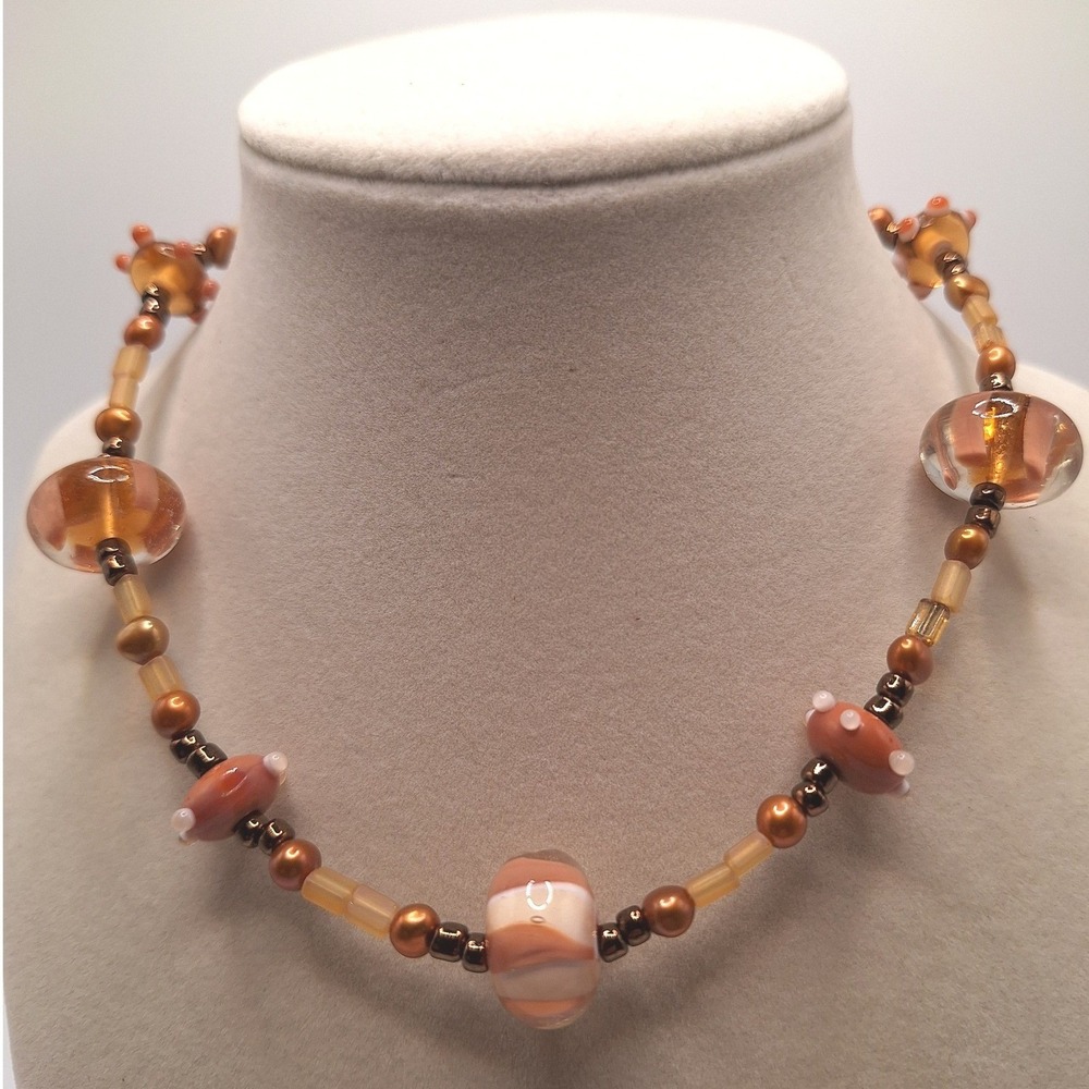 Vintage beaded necklace lampwork art glass beads champagne orange Bo Ho Retro